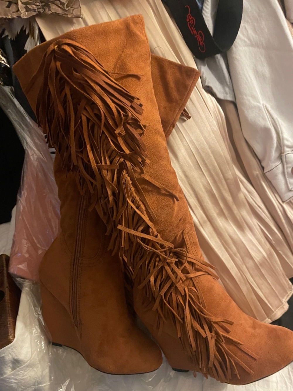 Women's Fringe Suede Wedge Boots in Rust